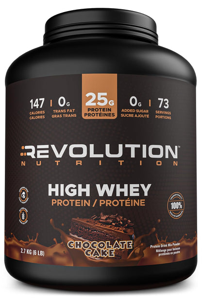 Revolution Nutrition, High Whey, Protein Powder 6LB, Whey Protein, Gluten Free, 25g of Protein Per Scoop, 2.7kg, 73 Servings (Chocolate Cake, 6 Pound) - Available at All In One Marketplace Canada