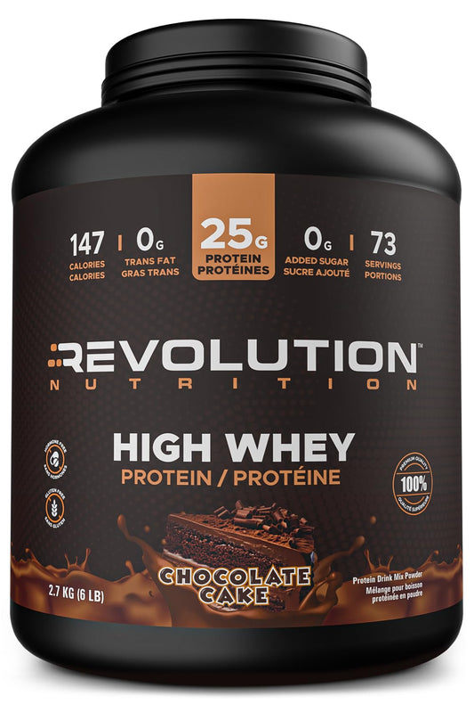 Revolution Nutrition, High Whey, Protein Powder 6LB, Whey Protein, Gluten Free, 25g of Protein Per Scoop, 2.7kg, 73 Servings (Chocolate Cake, 6 Pound) - Available at All In One Marketplace Canada
