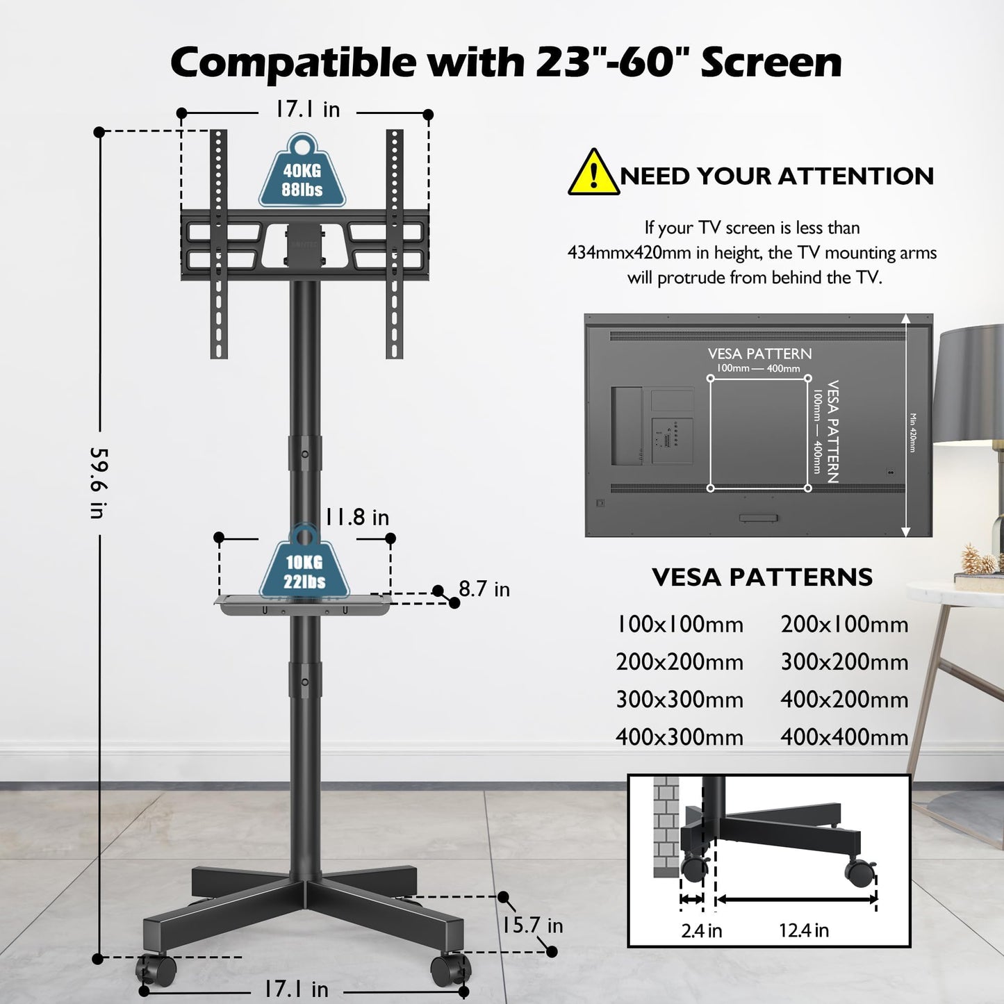 BONTEC Mobile TV Stand with Tilt Function, Rolling TV Cart for 23-60" LED, LCD, OLED TVs, Holds up to 88lbs, Max VESA 400x400mm, Adjustable Media Shelf, TV Stand for Living Room, Bedroom, Office