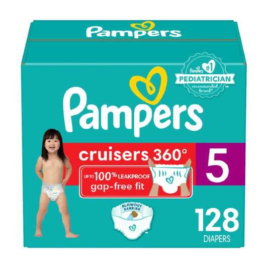 Pampers Diapers - Cruisers 360 degrees - Size 5, 128 Count, up to 100% Leakproof Fit, Designed for Active Babies, Pull On Diaper, EZ Off Tabs Designed for Easy Changes