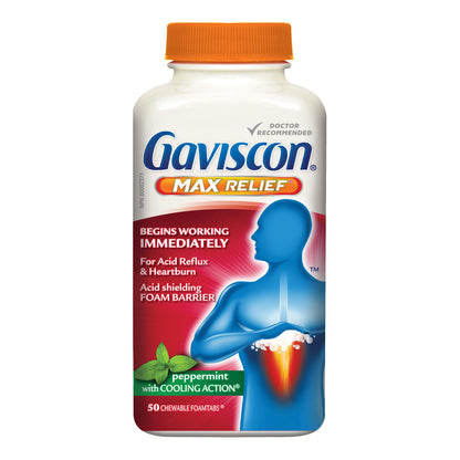 Gaviscon Max Relief Tablets - 50 Count - Chewable Foaming Antacid Tablets for Day and Night Heartburn Relief, Acid Reflux and GERD Relief, Cooling & Refreshing Peppermint - Free of Aluminum & Lactose 🍁 All In One Marketplace Canada