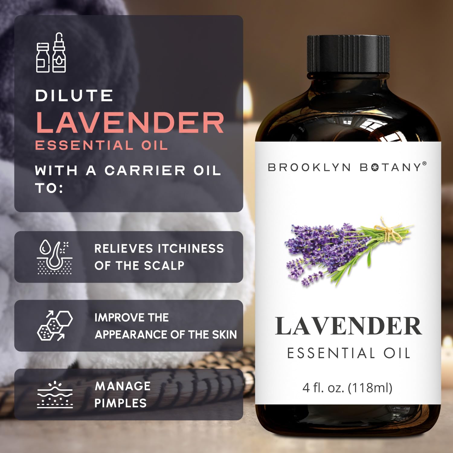 Brooklyn Botany Lavender Essential Oil - Huge 118 ml - with Glass Dropper - for Aromatherapy and Diffuser