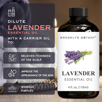 Brooklyn Botany Lavender Essential Oil - Huge 118 ml - with Glass Dropper - for Aromatherapy and Diffuser