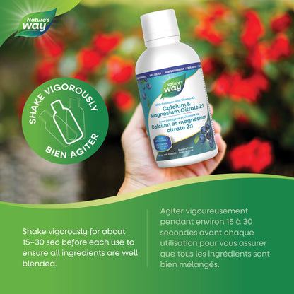 Nature's Way Calcium and Magnesium Citrate 2:1 - Liquid Supplement with Vitamin K2 and Collagen – Helps Support the Maintenance of Bones and Teeth – Blueberry Flavour, 500 mL - Available at All In One Marketplace Canada