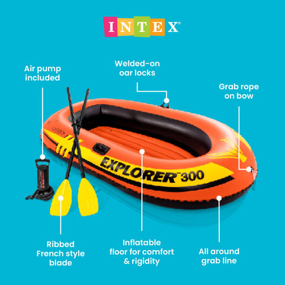 INTEX 58332EP Explorer 300 Inflatable Boat Set: Includes Deluxe Boat Oars and Mini Hand Pump – Dual Air Chambers – Grab Rope – 3-Person – 410lb Weight Capacity Intex