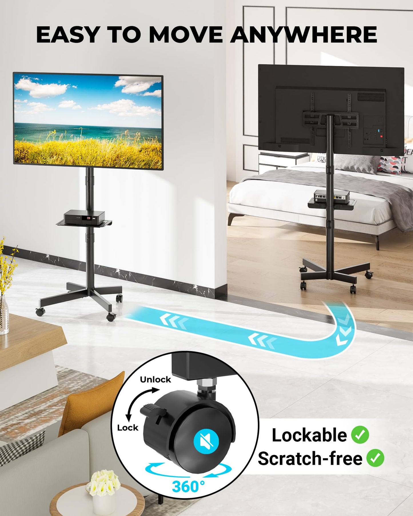 BONTEC Mobile TV Stand with Tilt Function, Rolling TV Cart for 23-60" LED, LCD, OLED TVs, Holds up to 88lbs, Max VESA 400x400mm, Adjustable Media Shelf, TV Stand for Living Room, Bedroom, Office