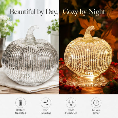 Hvfun 5.5 "(14cm) Mercury Glass Light up Pumpkin with Timer- Battery Operated Table Lamps for Festive Decoration-Thanksgiving Home Decoration Decorations (Silver) 🍁 All In One Marketplace Canada