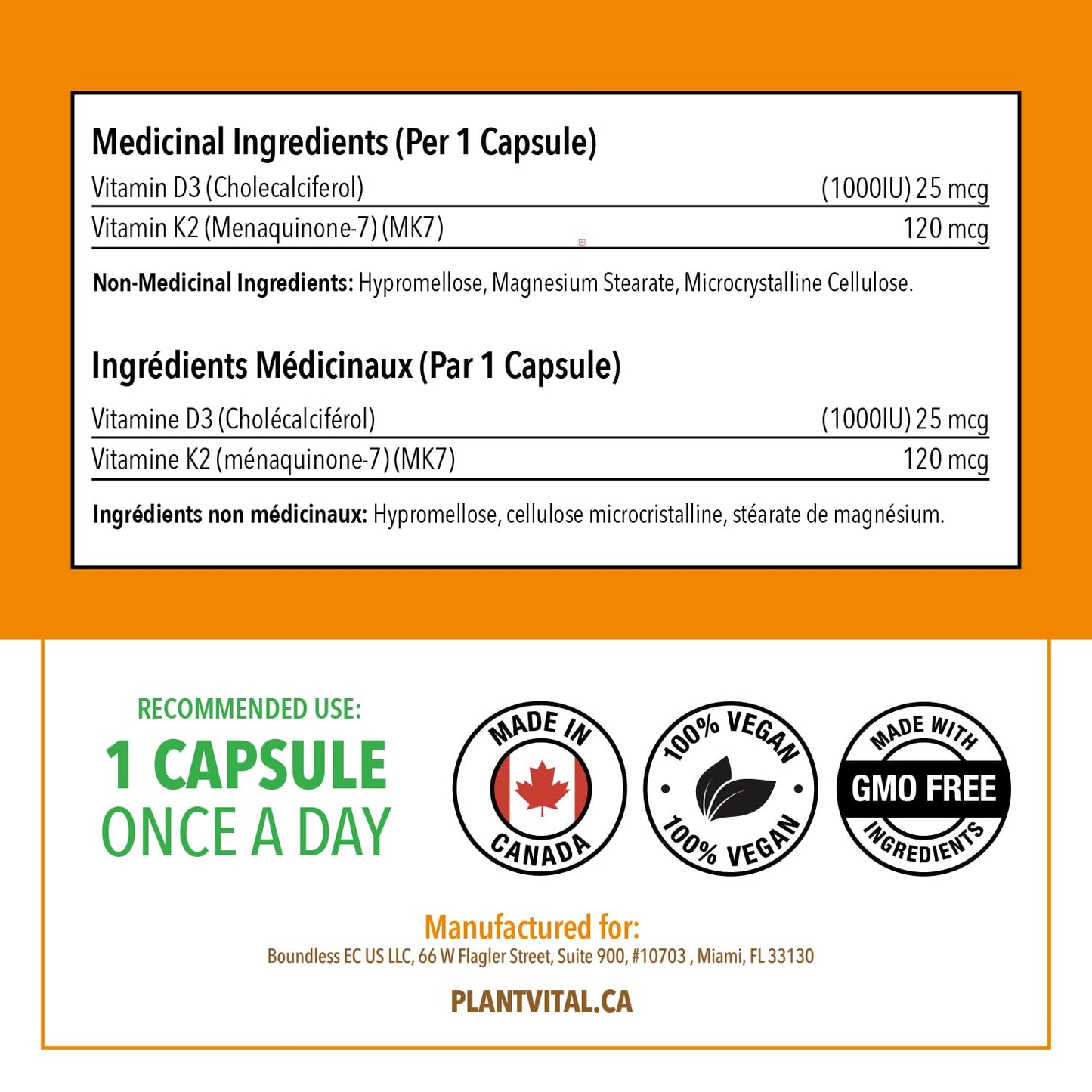PlantVital High-Potency Vegan Vitamin D3 + K2 -Made in Canada - (1000IU /25 mcg + 120 mcg) for Bones, Teeth and Immune System - Patented MK7 Form - K2 D3 vitamin - 4 Months Supply - 120 Capsules. - Available at All In One Marketplace Canada