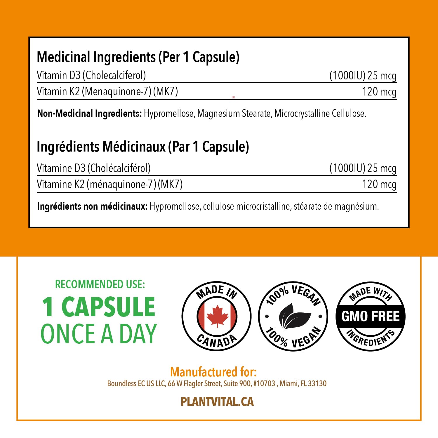 PlantVital High-Potency Vegan Vitamin D3 + K2 -Made in Canada - (1000IU /25 mcg + 120 mcg) for Bones, Teeth and Immune System - Patented MK7 Form - K2 D3 vitamin - 4 Months Supply - 120 Capsules. - Available at All In One Marketplace Canada
