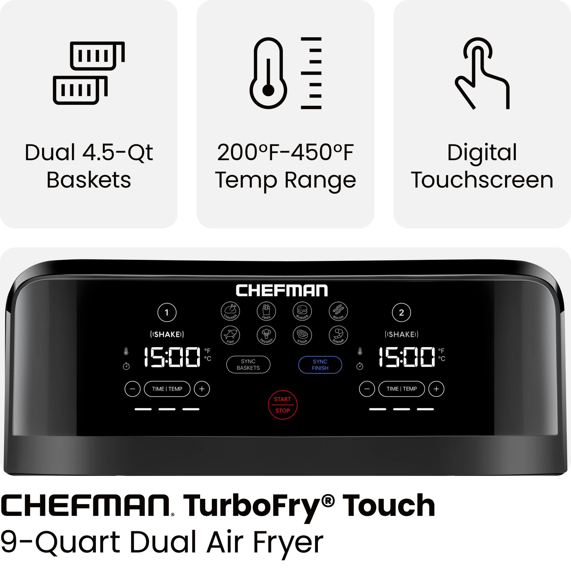 Chefman TurboFry 9-Qt. Dual-Basket Air Fryer with Sync Finish, One-Touch Digital Control, & Shake Reminder for Quick, Healthy, Family-Sized Meals, Black Chefman