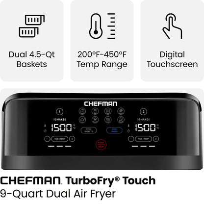 Chefman TurboFry 9-Qt. Dual-Basket Air Fryer with Sync Finish, One-Touch Digital Control, & Shake Reminder for Quick, Healthy, Family-Sized Meals, Black Chefman
