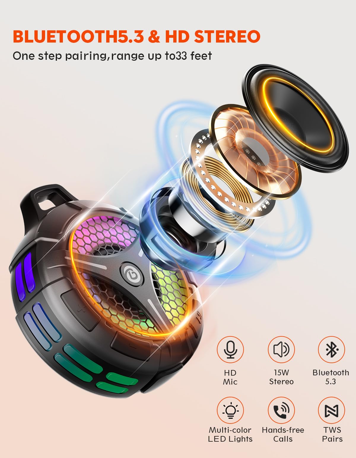 bondidea Bluetooth Shower Speaker, Suction Cup, Small Portable Wireless IPX7 Waterproof Outdoor Speakers, 15W Loud Stereo Sound Deep Bass, TWS Pairs, 6 Mode RGB Lights, All Ages Gift for Christmas 🍁 All In One Marketplace Canada