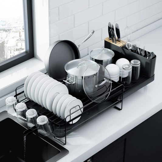 Kitsure Large Dish Drying Rack - Extendable Stainless Steel, Anti-Rust Kitchen Counter Rack with Cutlery & Cup Holders, 67.8 x 32.8 x 15.0cm, Black - Available at All In One Marketplace Canada