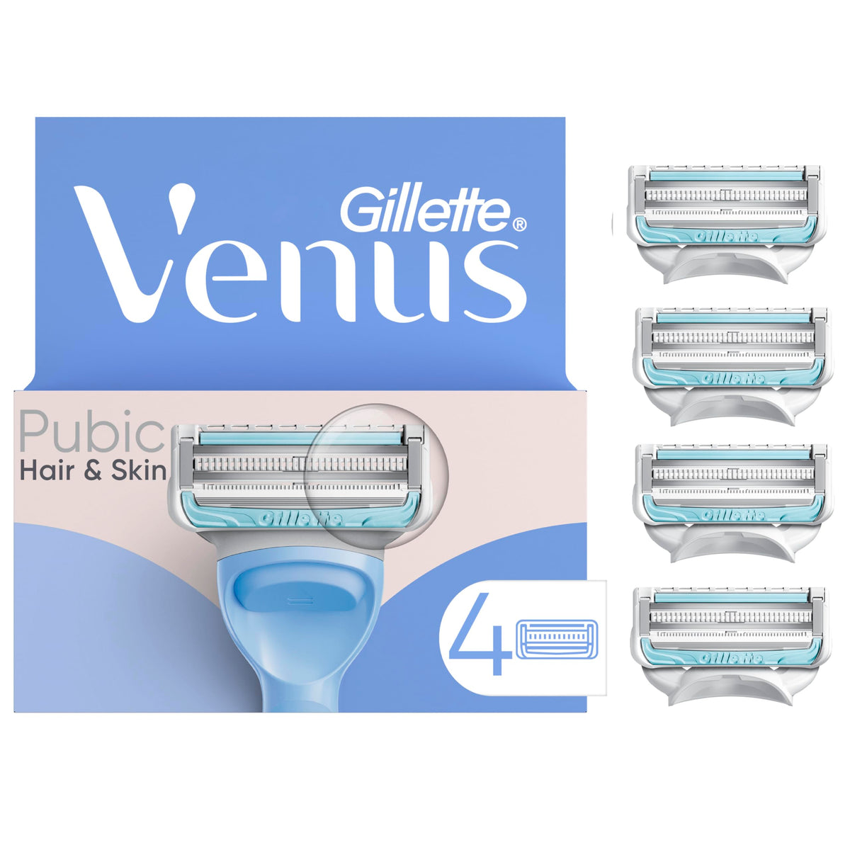 Gillette Venus for Bikini Pubic Hair and Skin, Womens Razors, 4 Razor Blade Refills for Intimate Grooming