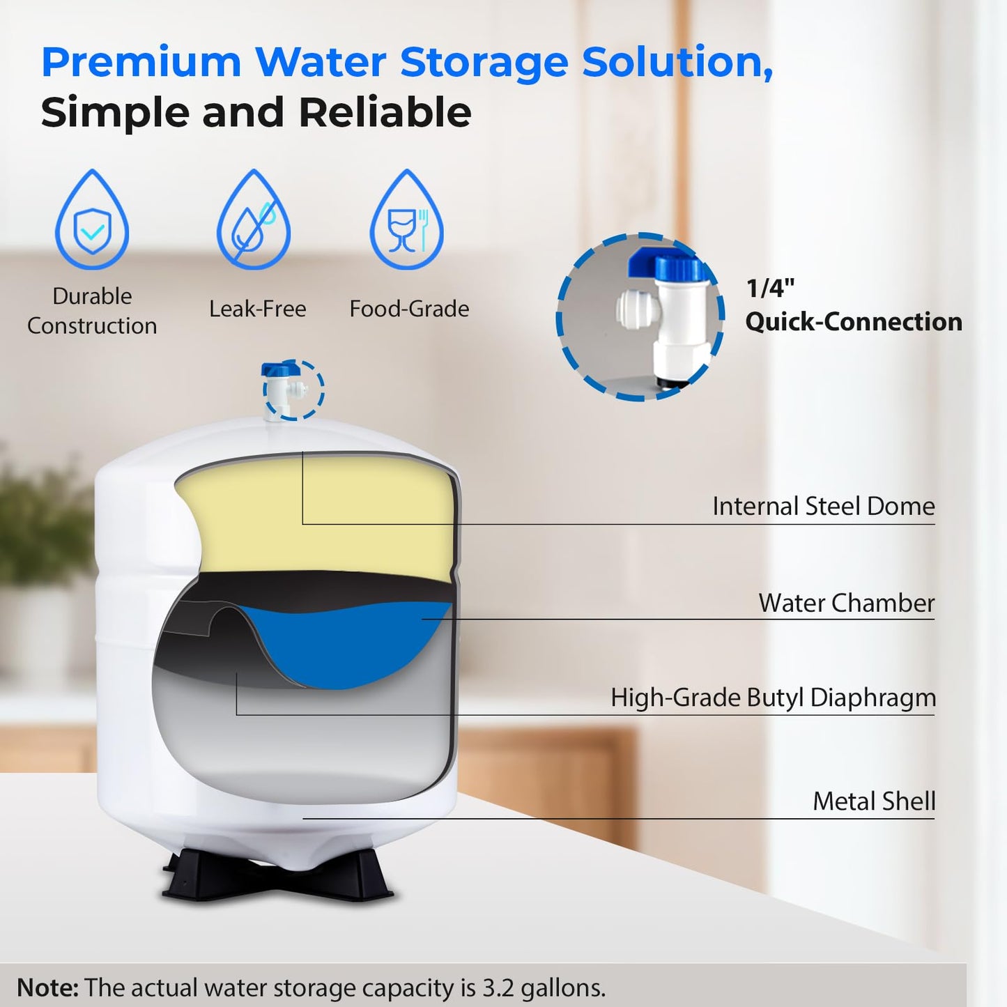 iSpring T32M Pressurized Water Storage Tank with Ball Valve for Reverse Osmosis RO Systems, 4 Gallon, 1/4" Tank Valve Included, White 🍁 All In One Marketplace Canada