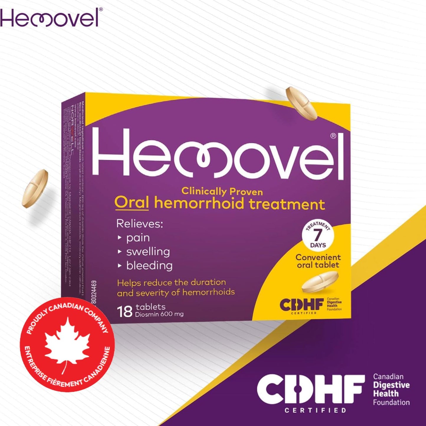 Hemovel Hemorrhoidal Oral Treatment - Clinically Proven, effective and convenient way to treat internal and external hemorrhoids and relieve pain, swelling and bleeding - 18 Tablets - Available at All In One Marketplace Canada
