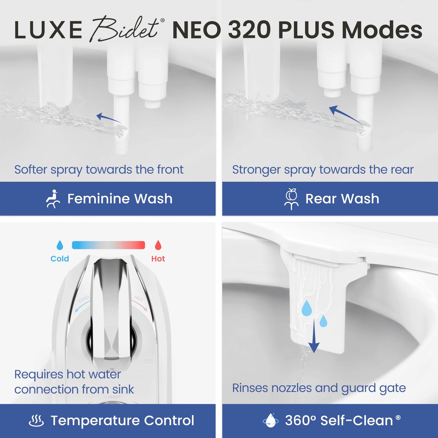 LUXE Bidet NEO 320 Plus - Warm Water, Dual Nozzle, Non-Electric Bidet Attachment for Toilet Seat, Patented Slide-in Install, 360° Self-Clean, EZ-Lift to Clean, Feminine & Rear Wash (Chrome) LUXE Bidet