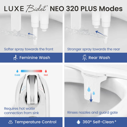 LUXE Bidet NEO 320 Plus - Warm Water, Dual Nozzle, Non-Electric Bidet Attachment for Toilet Seat, Patented Slide-in Install, 360° Self-Clean, EZ-Lift to Clean, Feminine & Rear Wash (Chrome) LUXE Bidet
