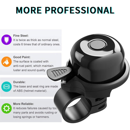 2 Pack Classic Bike Bell, Bicycle Bell | Loud Crisp Clear Sound for City Commuting & Mountain Bikes, BMX Bike, Sports Bike, Durable & Easy-Thumb Hit for Adults Kids, Right Hand/Left Hand Use - Black