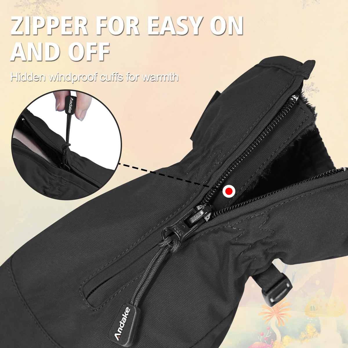 Andake Kids Ski Mittens Winter Warm Waterproof & Breathable Toddler Snow Gloves with Easy-to-Wear Zippers (Black, XXXS (Fits 2-4Y)) 🍁 All In One Marketplace Canada