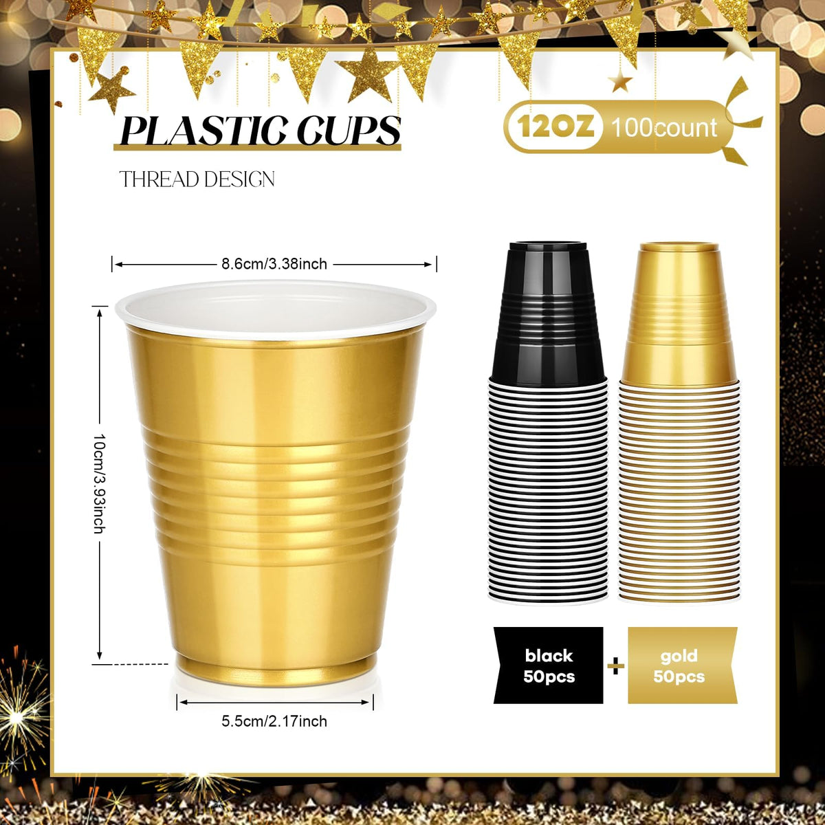 100 PCS 12 OZ Plastic Cups, Party Cups Black and Gold Cups Disposable Drinking Cup Bulk for Christmas Graduation Wedding Birthday Halloween New Year Family Gathering Festive Celebrations 🍁 All In One Marketplace Canada