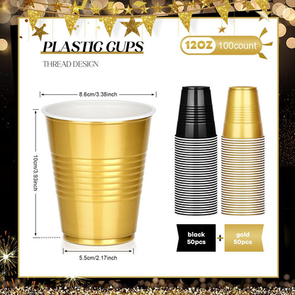 100 PCS 12 OZ Plastic Cups, Party Cups Black and Gold Cups Disposable Drinking Cup Bulk for Christmas Graduation Wedding Birthday Halloween New Year Family Gathering Festive Celebrations 🍁 All In One Marketplace Canada