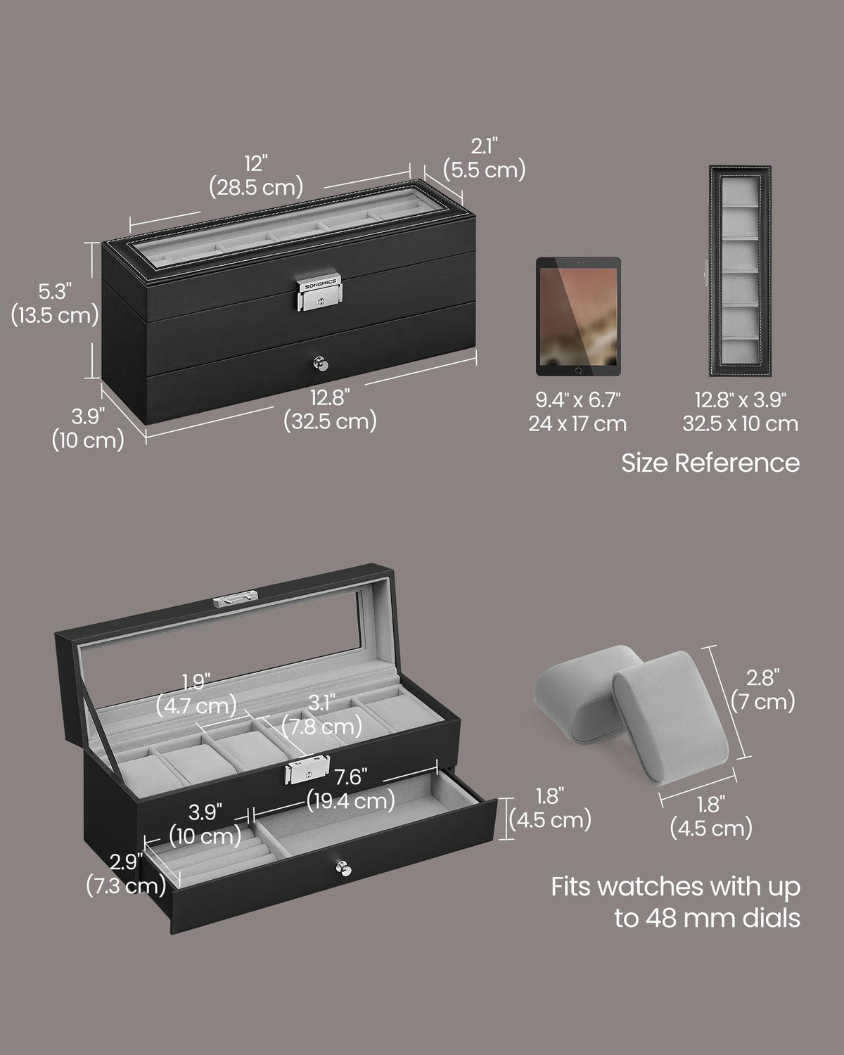 SONGMICS Watch Box, 6-Slot Watch Case Organizer with Large Glass Lid, 2 Layers, Removable Pillows, Metal Lock, Gift for Loved Ones, Black Synthetic Leather, Christmas Gift, Gray Lining UJWB060G01 🍁 All In One Marketplace Canada