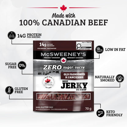 McSweeney's Zero Sugar Old Fashioned Beef Jerky – 100% Canadian, High Protein, Keto Friendly, 70g (Pack of 12)