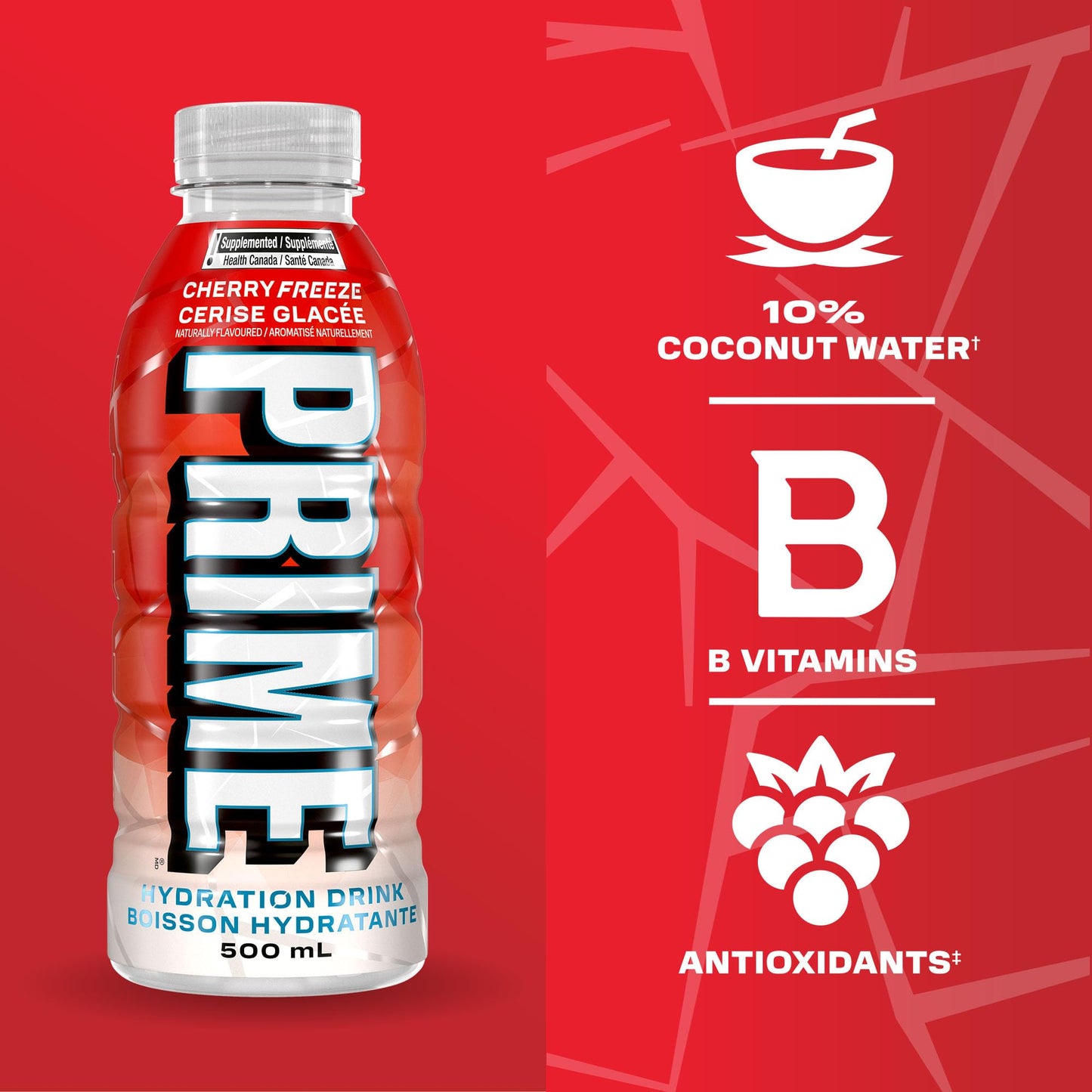 PRIME Hydration CHERRY FREEZE | Sports Drinks | Electrolyte Enhanced | B Vitamins | Antioxidants | 2g of Sugar | 500 mL | 12 Pack PRIME HYDRATION