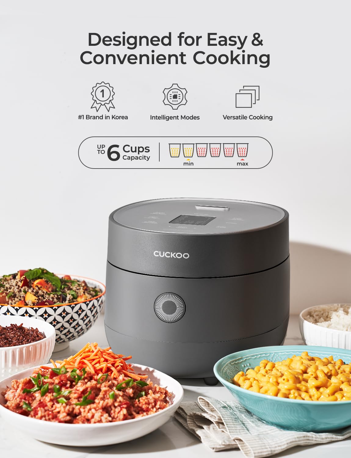 CUCKOO Rice Cooker 6 Cup Uncooked / 12 Cup Cooked, Modern Fuzzy Logic Rice Cooker Small with Delay Timer & Keep Warm Setting, Versatile Food Steamer for Cooking, Non-Stick Inner Pot, Gray (CR-0675FG) CUCKOO