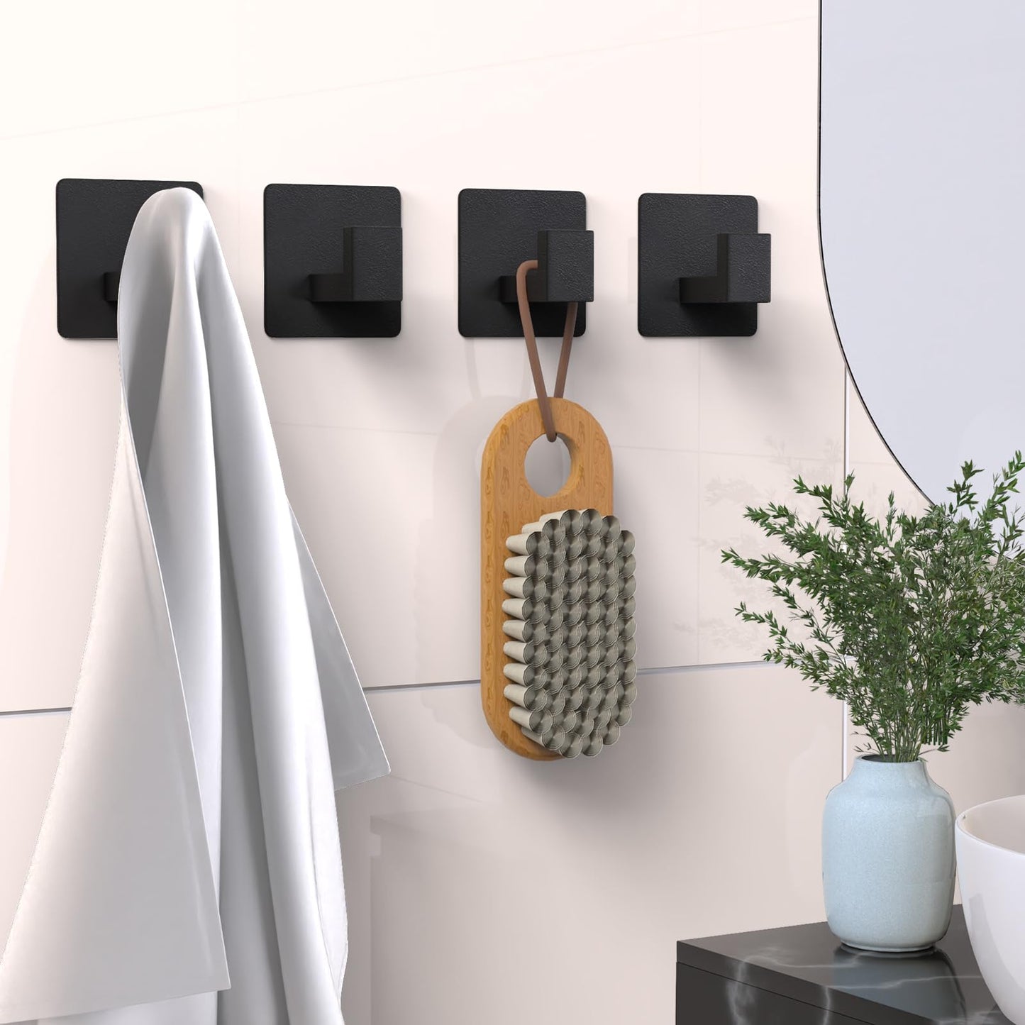 PMMASTO Black 4 Pack Self Adhesive Wall Hooks for Hanging, Stick On Wall Hanger Hook for Shower, Robe, Hat - Aluminium