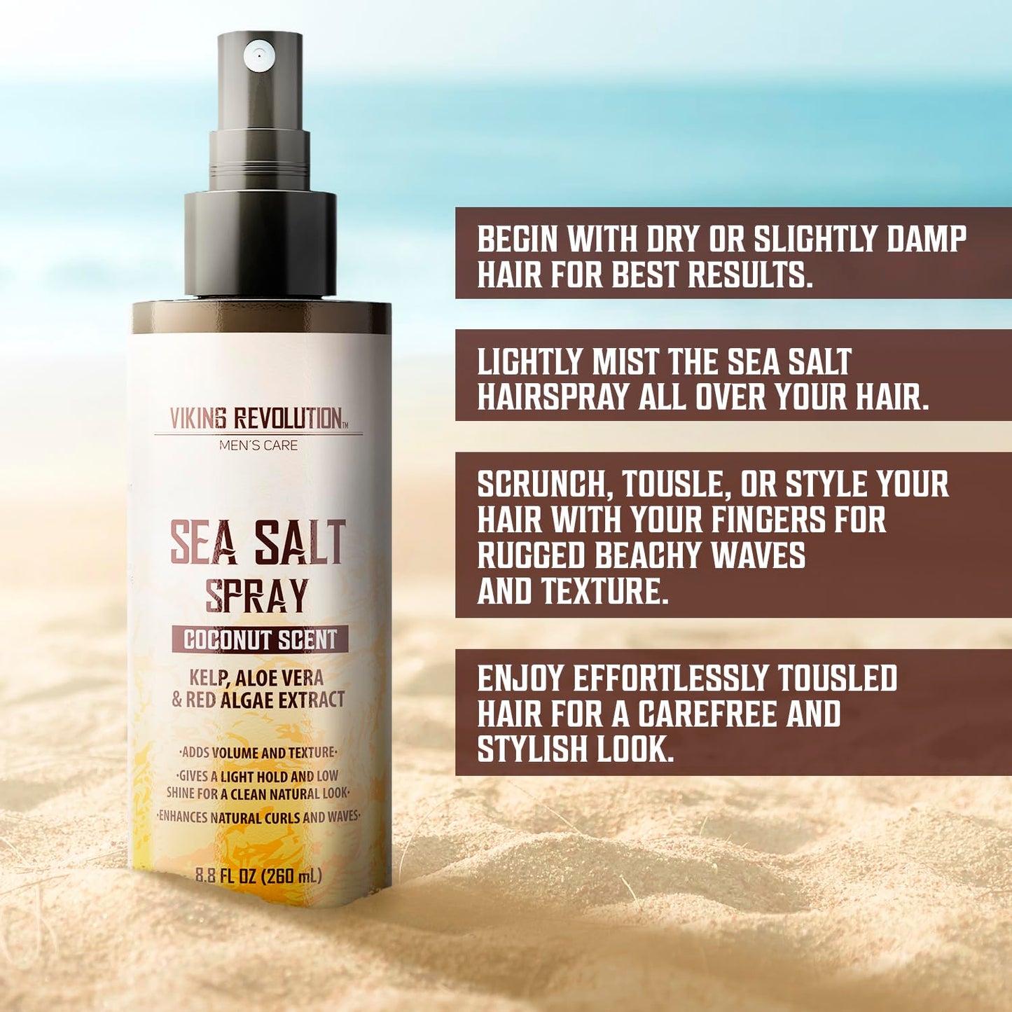 Viking Revolution Sea Salt Hair Spray for Men - Coconut - 260ml - Texturizing With Kelp, Aloe Vera & Red Algae Extract - Adds Volume & Texture for Beach Hair