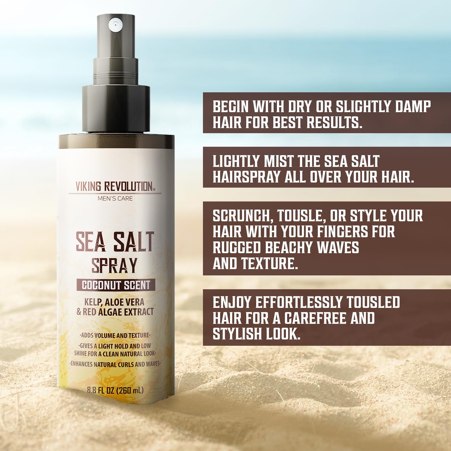 Viking Revolution Sea Salt Hair Spray for Men - Coconut - 260ml - Texturizing With Kelp, Aloe Vera & Red Algae Extract - Adds Volume & Texture for Beach Hair