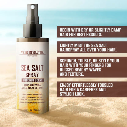 Viking Revolution Sea Salt Hair Spray for Men - Coconut - 260ml - Texturizing With Kelp, Aloe Vera & Red Algae Extract - Adds Volume & Texture for Beach Hair