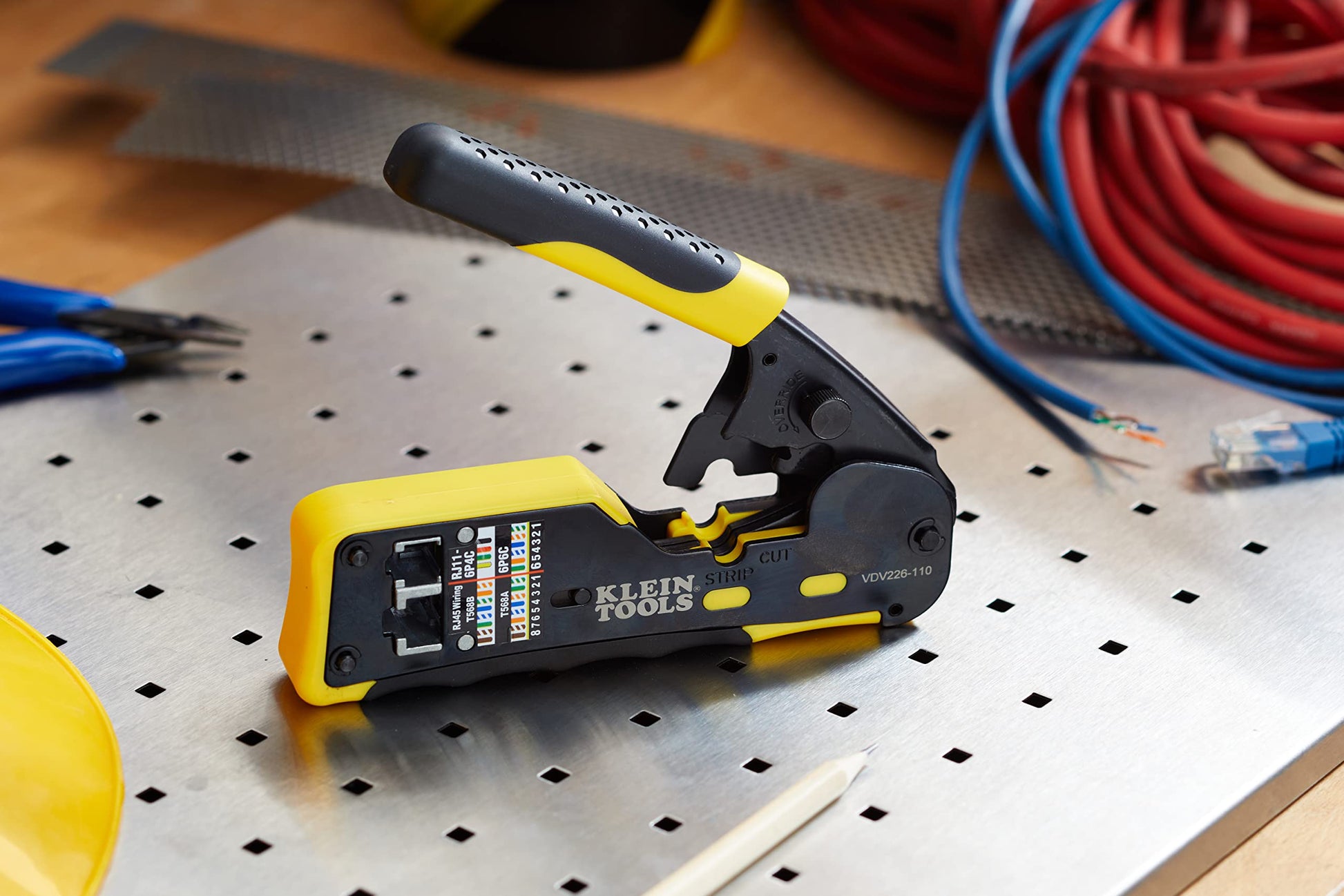 Klein Tools VDV226-110 Ratcheting Modular Data Cable Crimper/Wire Stripper/Wire Cutter for RJ11/RJ12 Standard, RJ45 Pass-Thru Connectors KLEIN TOOLS