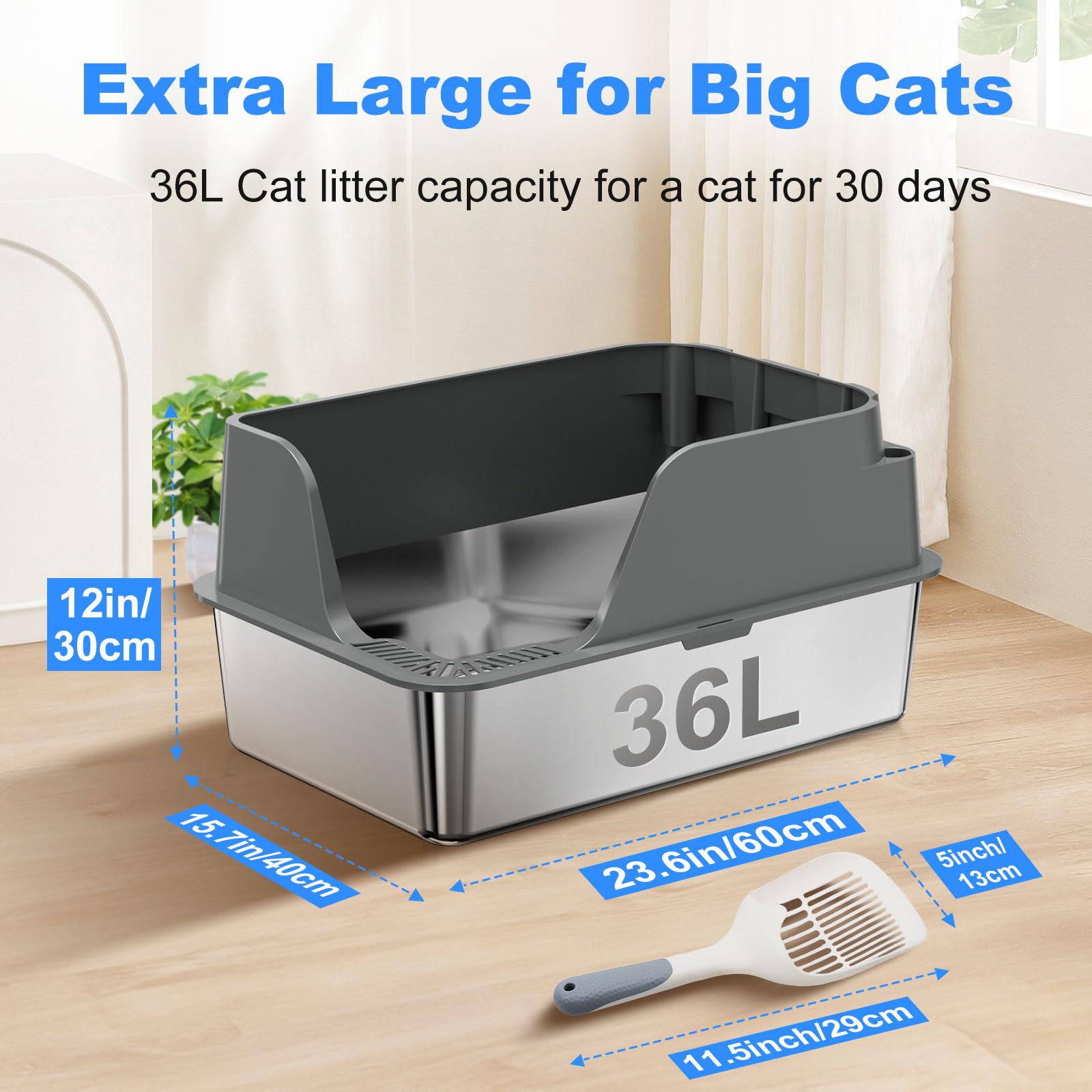 Stainless Steel Cat Litter Box with Lid, XL Litter Box for Big Cats, High Sided Metal Pan, Anti Leakage,Odor-Free & Easy Cleaning,Included Scoop &Trash Bag*2 & Mat & Sticker (Grey)