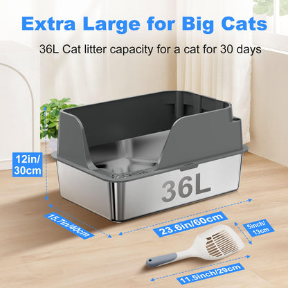 Stainless Steel Cat Litter Box with Lid, XL Litter Box for Big Cats, High Sided Metal Pan, Anti Leakage,Odor-Free & Easy Cleaning,Included Scoop &Trash Bag*2 & Mat & Sticker (Grey)