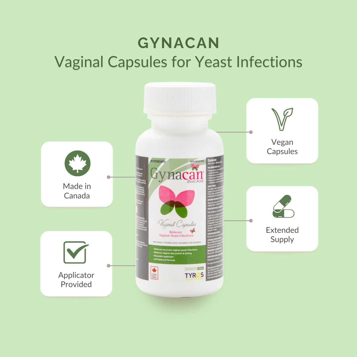 Gynacan – Boric Acid 600mg-Vaginal Capsules-Relieves Yeast Infections-pH Balanced Formula- Antibiotic-Free-with Applicator-30 Count-Made in Canada