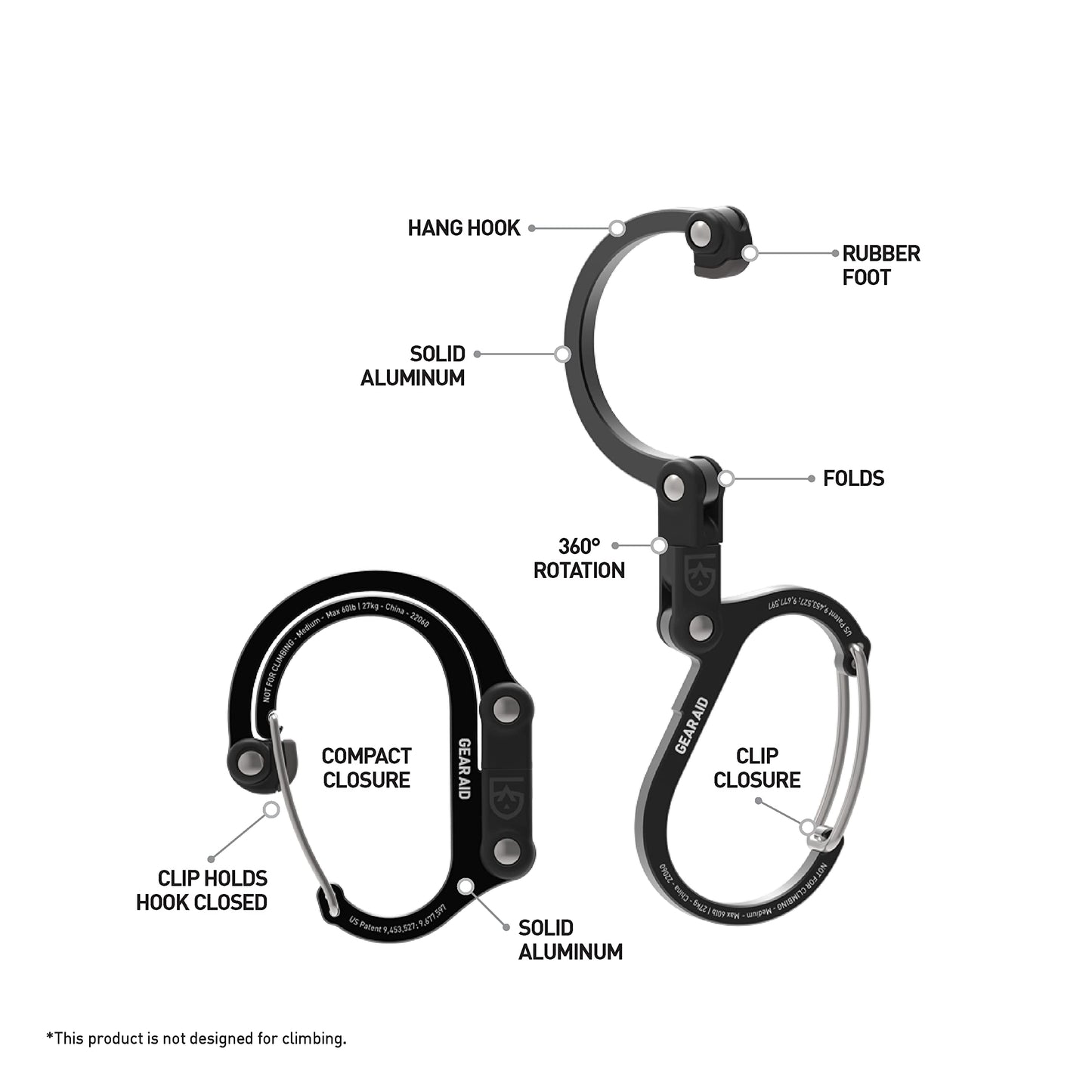 Gear AID HEROCLIP Carabiner Gear Clip and Hook (Medium) for Camping, Backpack, and Garage Organization, Black and Blue Gear Aid