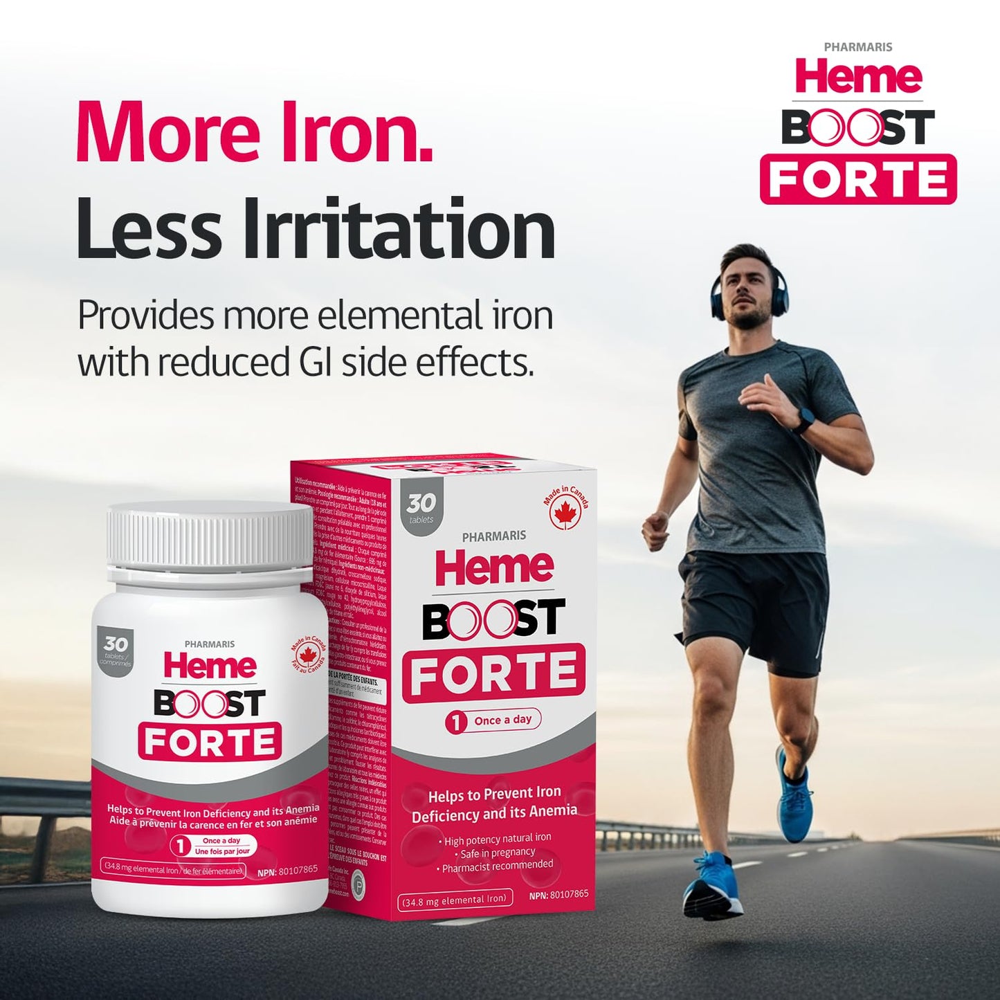 Hemeboost Forte 696 mg Heme Iron Supplements Polypeptide, (34.8 mg Elemental Iron), Prevents Iron Deficiency & Anemia, Better Absorption, Well-Tolerated Formula, Safe for Pregnancy, 30 Tablets - Available at All In One Marketplace Canada
