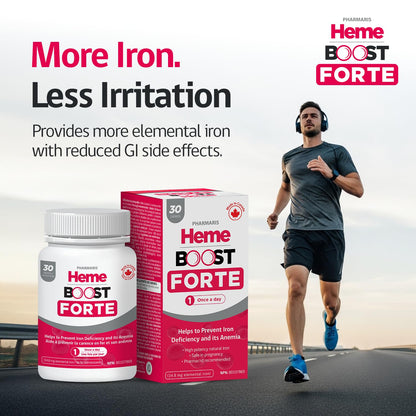 Hemeboost Forte 696 mg Heme Iron Supplements Polypeptide, (34.8 mg Elemental Iron), Prevents Iron Deficiency & Anemia, Better Absorption, Well-Tolerated Formula, Safe for Pregnancy, 30 Tablets - Available at All In One Marketplace Canada