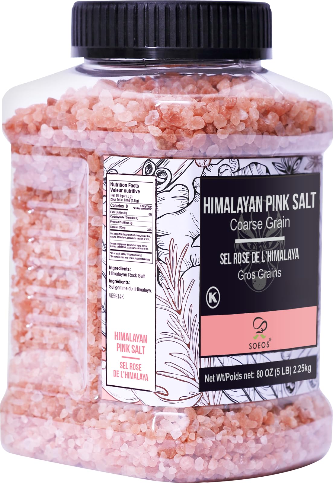Soeos Himalayan Pink Salt 80oz (2.25kg) - Coarse Grain, Pure Crystal for Grinders