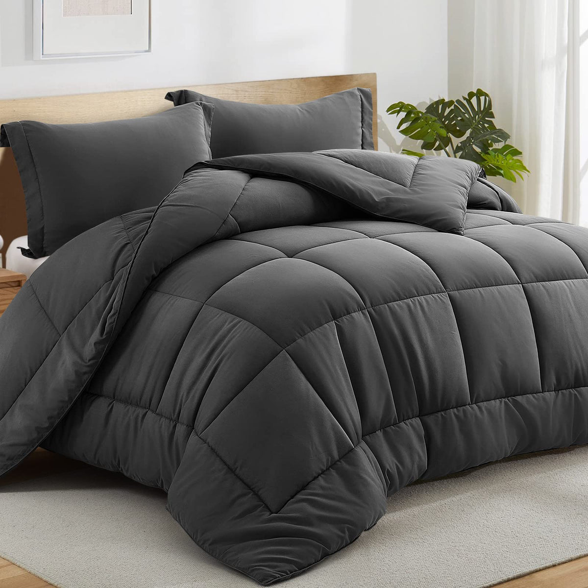 All Season King Comforter Set 3 PCs Soft Quilted Down Alternative Comforter+2 Pillow Shams with Corner Tabs,Winter Summer Warm Fluffy,Machine Washable (King, Grey) 🍁 All In One Marketplace Canada