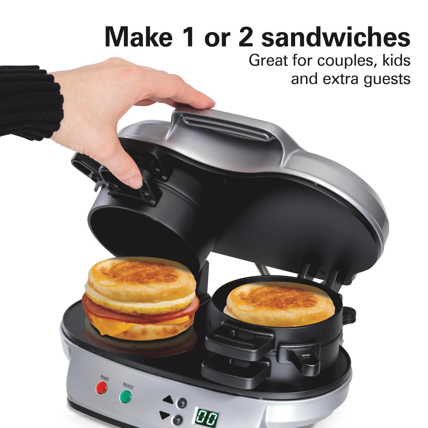 Hamilton Beach Dual Breakfast Sandwich Maker with Audible Timer, Ready in 5 Minutes, Removable Dishwasher Safe PFAS-Free Non-Stick Egg Cooker Ring, Silver (25490MNC) Hamilton Beach