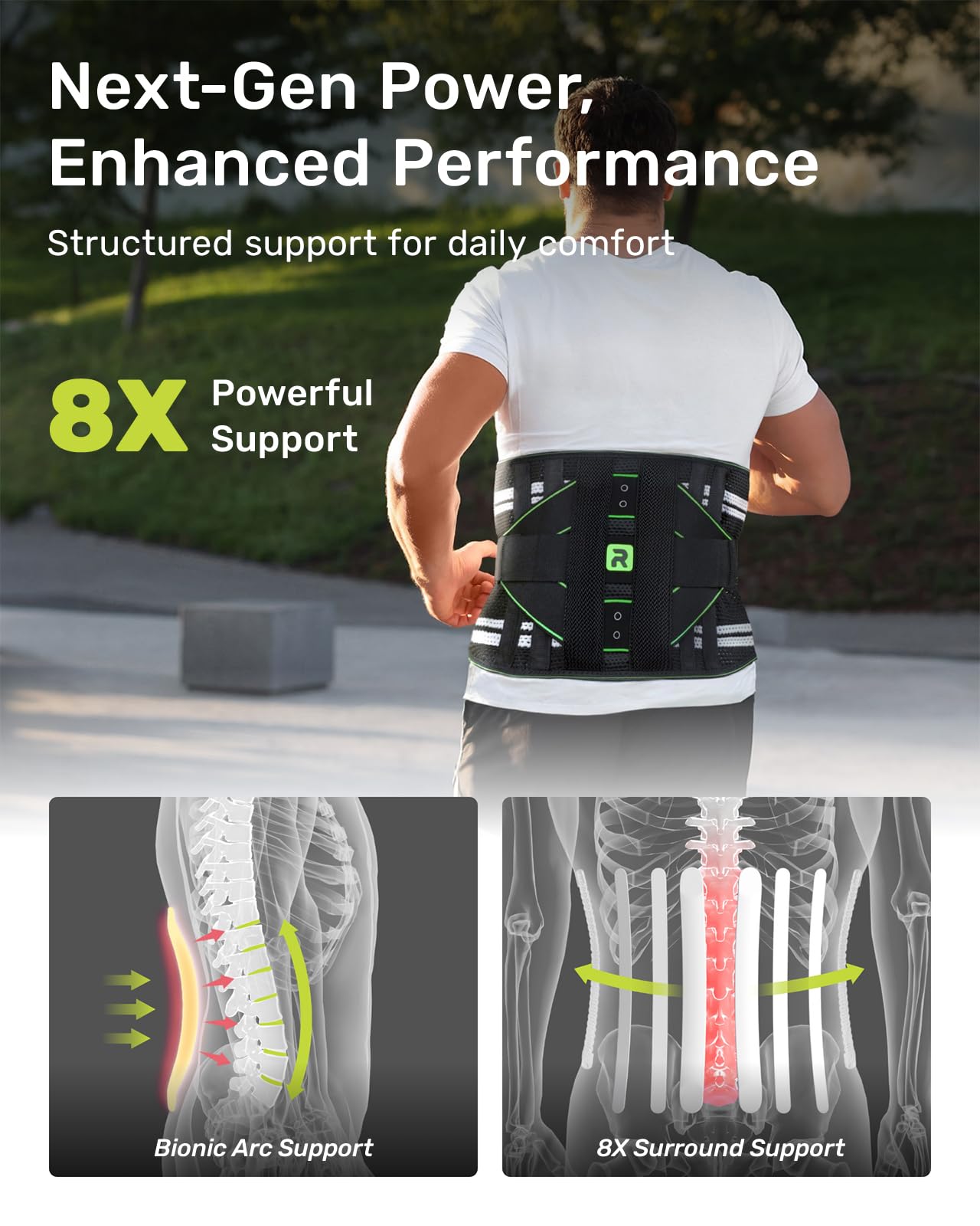 Rakiie Back Brace for Lower Back Pain Relief, 8X Powerful Lumbar Support with 3D Support Pad, Breathable Back Support Belt for Men Women, Green Size L