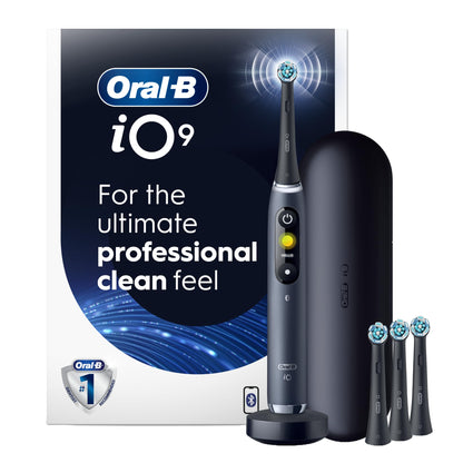 Oral-B iO9 Electric Toothbrush, for the Ultimate Professional Clean Feel, Black Onyx, Rechargeable Electric Toothbrushes, iO Series 9 with 1 Power Toothbrush, 4 Brush Heads, and 1 Charging Travel Case Oral-B