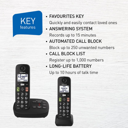 Panasonic Cordless Phone, Easy to Use with Large Display and Big Buttons, Flashing Favourites Key, Call Block, 2 Cordless Handsets - KX-TGU122CB (Black) Panasonic