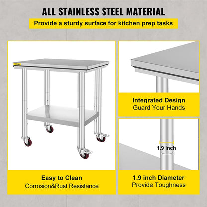 VEVOR Stainless Steel Work Table with Wheels 24 x 30 Prep Table with casters Heavy Duty Work Table for Commercial Kitchen Restaurant Business 🍁 All In One Marketplace Canada