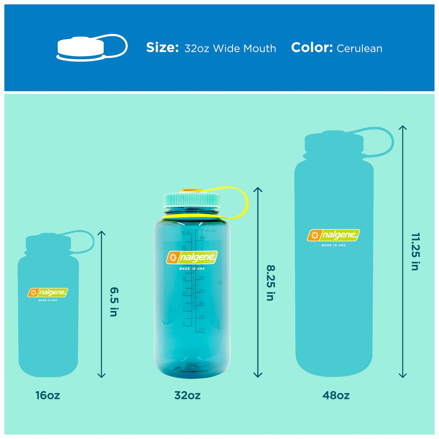Nalgene 32 oz Wide Mouth Water Bottle BPA-Free, Durable & Leak Proof, Lightweight Bottle for Hiking & Gym, Work & Travel, Cerulean