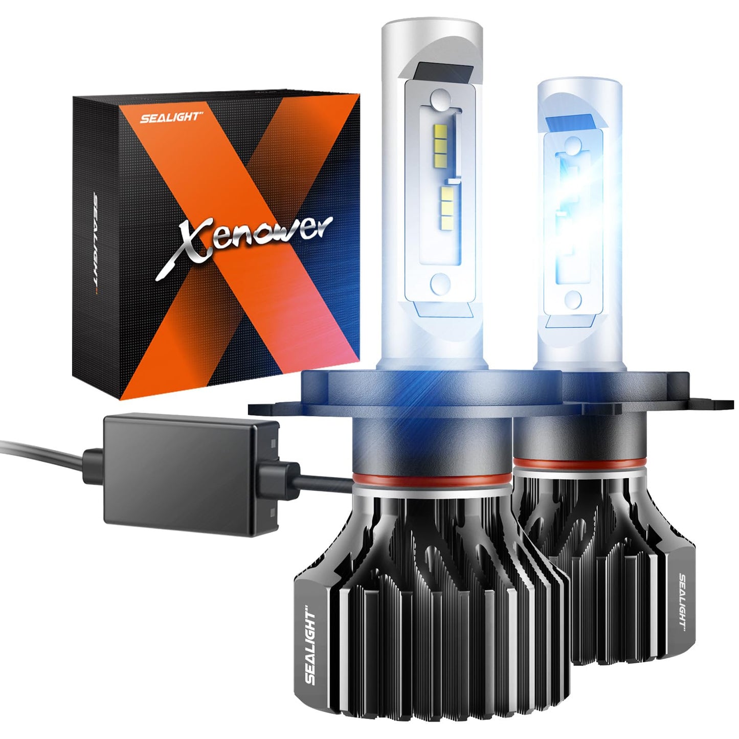 SEALIGHT H4/9003/HB2 LED Headlight Bulbs 50000 Lumens 800% Brightness, X1 Dual High/Low Beam LED Headlights Conversion Kit, 6000K Xenon White, H4 Halogen Replacement, IP67 Waterproof, Pack of 2